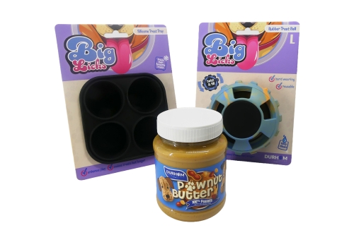 Rubber Treat Ball & Silicone Tray - Blue & Orange with Pawnut Butter Bundle
