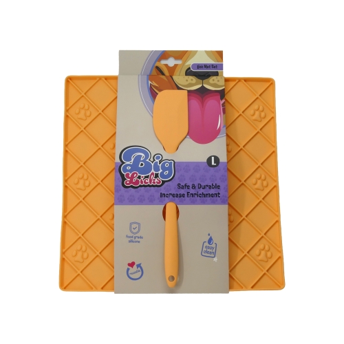 Big Licks Mat With Serving Spoon - Large (300mm x 300mm) Orange