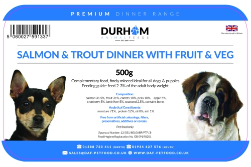 Salmon & Trout Dinner, with Fruit & Veg - 500g